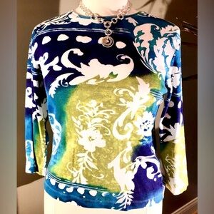 🍀Chico's Blue and Green Tropical Floral Print 100% Cotton Top Size 2, L, 12-14